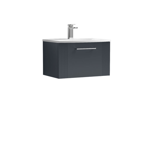 Nuie Deco Satin Anthracite 600mm Wall Hung Single Drawer Vanity Unit with 30mm Curved Profile Basin - DPF1494G Front View