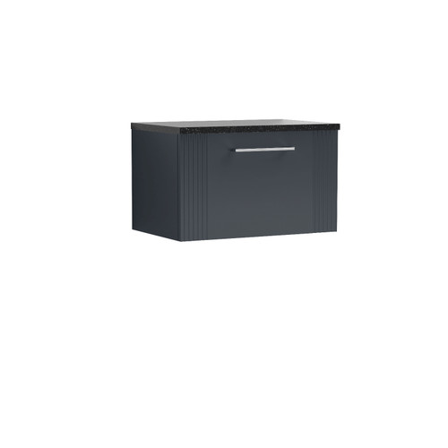 Nuie Deco Satin Anthracite 600mm Wall Hung Single Drawer Vanity Unit with Sparkling Black Laminate Worktop - DPF1494LSB Front View
