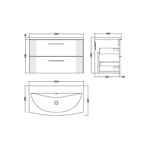 Nuie Deco Satin Anthracite 800mm Wall Hung 2 Drawer Vanity Unit with 30mm Curved Profile Basin - DPF1495G Dimensions