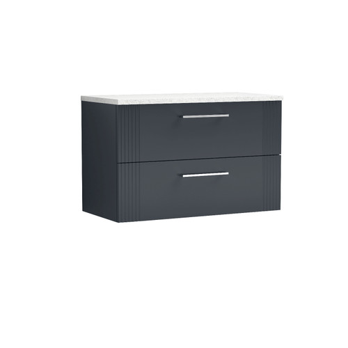 Nuie Deco Satin Anthracite 800mm Wall Hung 2 Drawer Vanity Unit with Sparkling White Laminate Worktop - DPF1495LSW Front View