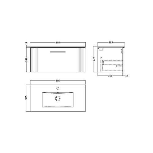 Nuie Deco Satin Anthracite 800mm Wall Hung Single Drawer Vanity Unit with 18mm Profile Basin - DPF1496B Dimensions