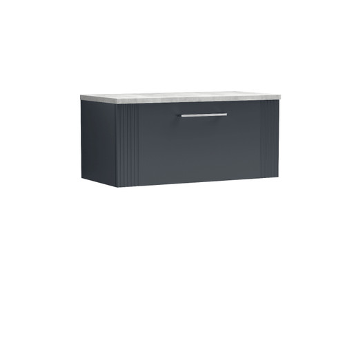 Nuie Deco Satin Anthracite 800mm Wall Hung Single Drawer Vanity Unit with Bellato Grey Laminate Worktop - DPF1496LBG Front View