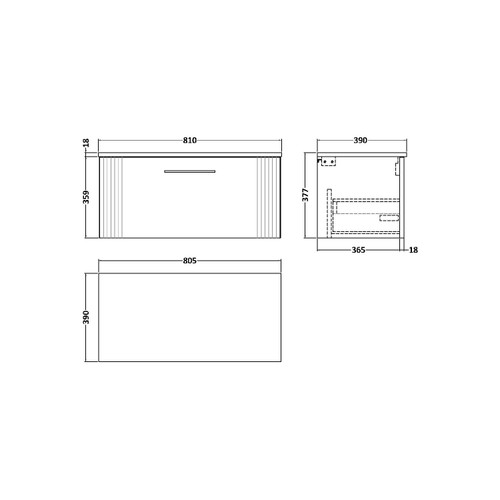 Nuie Deco Satin Anthracite 800mm Wall Hung Single Drawer Vanity Unit with Worktop - DPF1496W Dimensions