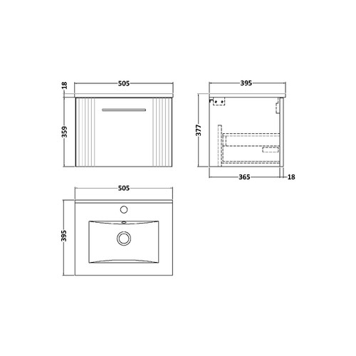 Nuie Deco Satin White 500mm Wall Hung Single Drawer Vanity Unit with 18mm Profile Basin - DPF191B Dimensions