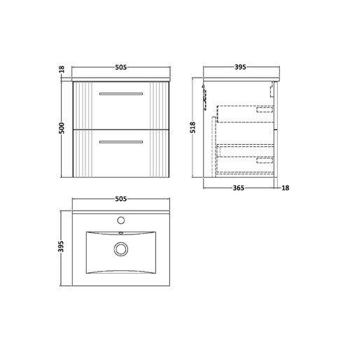 Nuie Deco Satin White 500mm Wall Hung 2 Drawer Vanity Unit with 18mm Profile Basin - DPF192B Dimensions