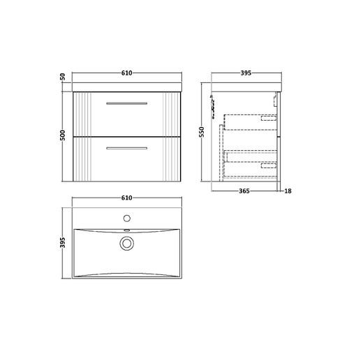 Nuie Deco Satin White 600mm Wall Hung 2 Drawer Vanity Unit with 50mm Profile Basin - DPF193D Dimensions