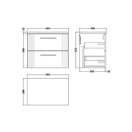 Nuie Deco Satin White 600mm Wall Hung 2 Drawer Vanity Unit with Bellato Grey Laminate Worktop - DPF193LBG Dimensions