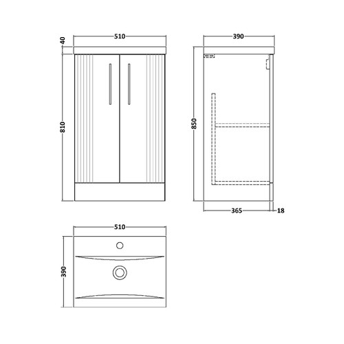 Nuie Deco Satin Grey 500mm 2 Door Vanity Unit with 40mm Profile Basin - DPF223A Dimensions