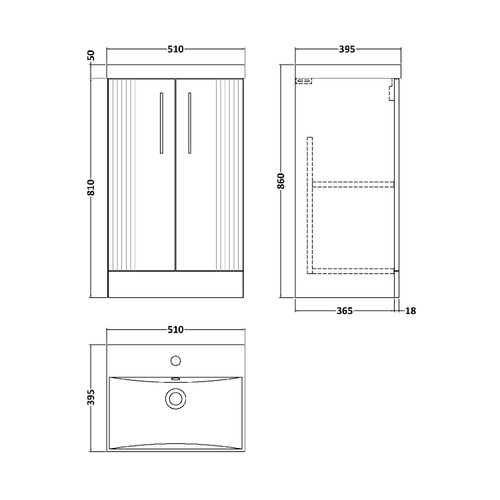 Nuie Deco Satin Grey 500mm 2 Door Vanity Unit with 50mm Profile Basin - DPF223D Dimensions