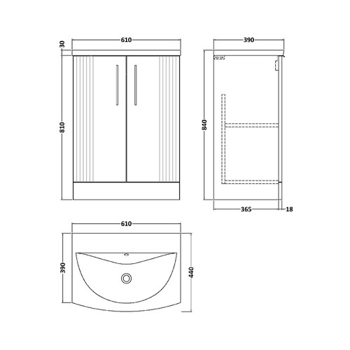 Nuie Deco Satin Grey 600mm 2 Door Vanity Unit with 30mm Curved Profile Basin - DPF225G Dimensions