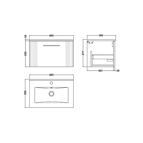 Nuie Deco Satin Grey 600mm Wall Hung Single Drawer Vanity Unit with 18mm Profile Basin - DPF294B Dimensions