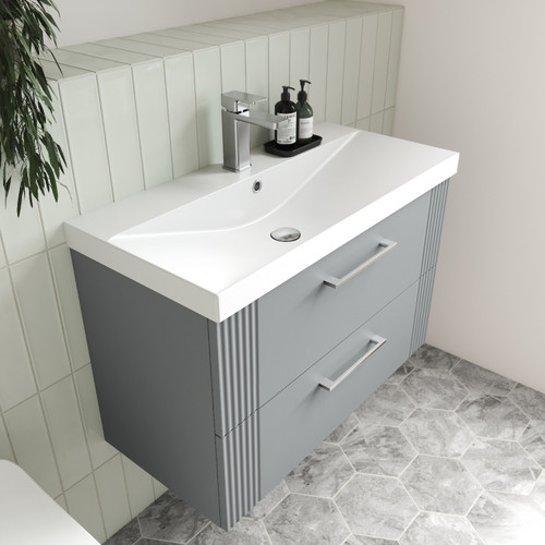 Nuie Deco Satin Grey 600mm Wall Hung Single Drawer Vanity Unit with 50mm Profile Basin - DPF294D Alternative View Nuie Deco Satin Grey 600mm Wall Hung Single Drawer Vanity Unit with 50mm Profile Basin - DPF294D Alternative View