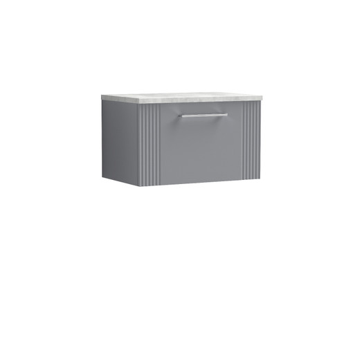 Nuie Deco Satin Grey 600mm Wall Hung Single Drawer Vanity Unit with Bellato Grey Laminate Worktop - DPF294LBG Front View