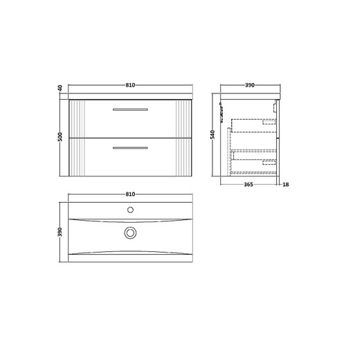 Nuie Deco Satin Grey 800mm Wall Hung 2 Drawer Vanity Unit with 40mm Profile Basin - DPF295A Dimensions