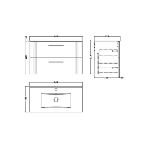 Nuie Deco Satin Grey 800mm Wall Hung 2 Drawer Vanity Unit with 18mm Profile Basin - DPF295B Dimensions