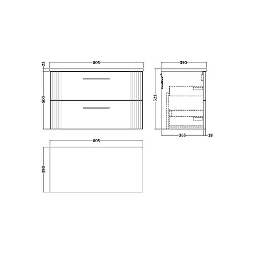 Nuie Deco Satin Grey 800mm Wall Hung 2 Drawer Vanity Unit with Sparkling Black Laminate Worktop - DPF295LSB Dimensions