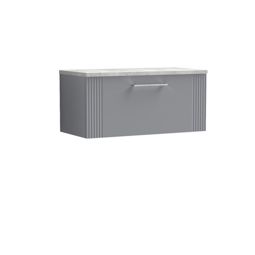 Nuie Deco Satin Grey 800mm Wall Hung Single Drawer Vanity Unit with Bellato Grey Laminate Worktop - DPF296LBG Front View
