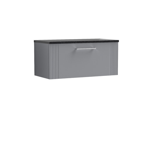 Nuie Deco Satin Grey 800mm Wall Hung Single Drawer Vanity Unit with Sparkling Black Laminate Worktop - DPF296LSB Front View