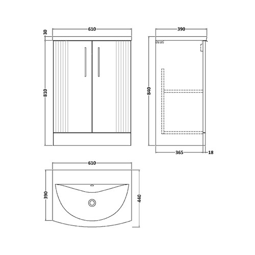 Nuie Deco Satin Blue 600mm 2 Door Vanity Unit with 30mm Curved Profile Basin - DPF325G Dimensions