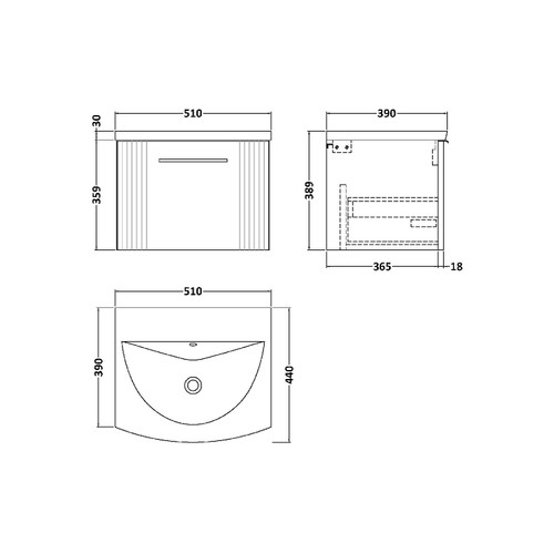 Nuie Deco Satin Blue 500mm Wall Hung Single Drawer Vanity Unit with 30mm Curved Profile Basin - DPF391G Dimensions