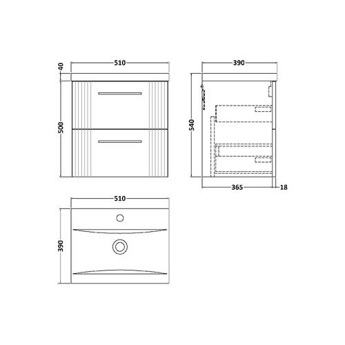 Nuie Deco Satin Blue 500mm Wall Hung 2 Drawer Vanity Unit with 40mm Profile Basin - DPF392A Dimensions