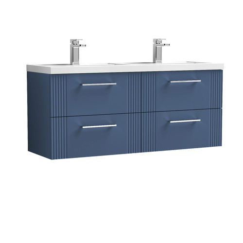 Nuie Deco Satin Blue 1200mm Wall Hung 4 Drawer Vanity Unit with Double Basin - DPF393C Front View