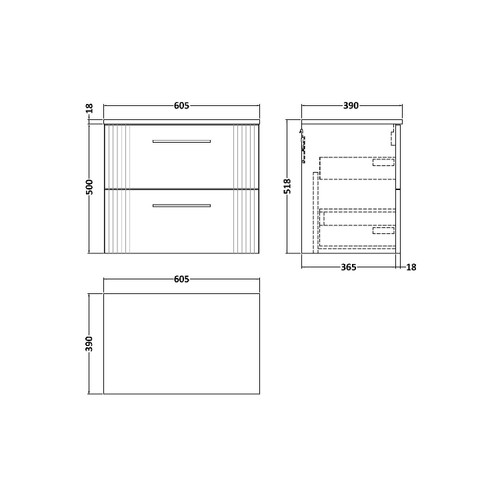 Nuie Deco Satin Blue 600mm Wall Hung 2 Drawer Vanity Unit with Worktop - DPF393W Dimensions