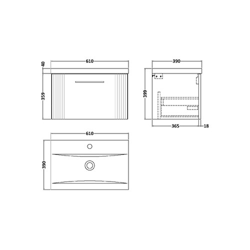 Nuie Deco Satin Blue 600mm Wall Hung Single Drawer Vanity Unit with 40mm Profile Basin - DPF394A Dimensions