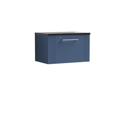 Nuie Deco Satin Blue 600mm Wall Hung Single Drawer Vanity Unit with Sparkling Black Laminate Worktop - DPF394LSB Front View