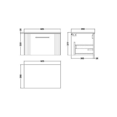 Nuie Deco Satin Blue 600mm Wall Hung Single Drawer Vanity Unit with Worktop - DPF394W Dimensions