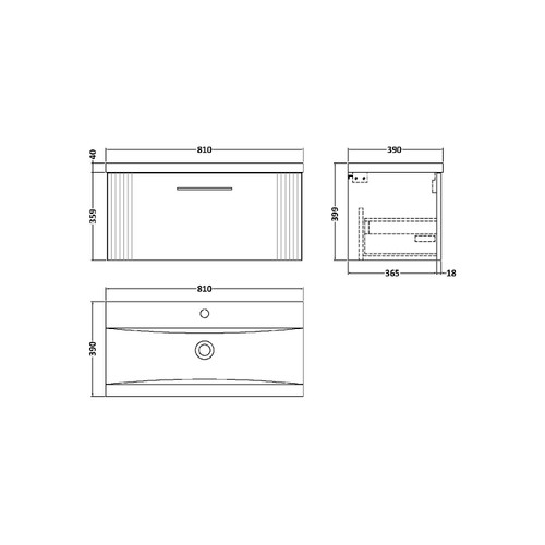 Nuie Deco Satin Blue 800mm Wall Hung Single Drawer Vanity Unit with 40mm Profile Basin - DPF396A Dimensions