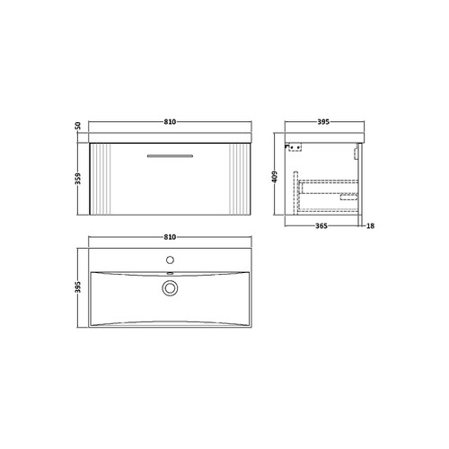 Nuie Deco Satin Blue 800mm Wall Hung Single Drawer Vanity Unit with 50mm Profile Basin - DPF396D Dimensions
