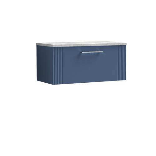 Nuie Deco Satin Blue 800mm Wall Hung Single Drawer Vanity Unit with Bellato Grey Laminate Worktop - DPF396LBG Front View