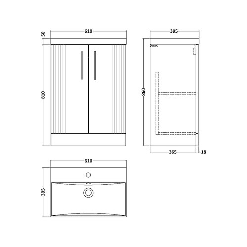 Nuie Deco Satin Green 600mm 2 Door Vanity Unit with 50mm Profile Basin - DPF825D Dimensions