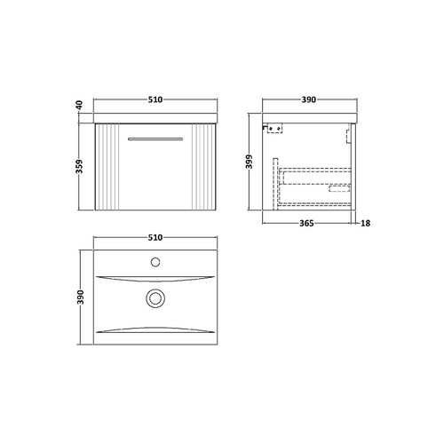 Nuie Deco Satin Green 500mm Wall Hung Single Drawer Vanity Unit with 40mm Profile Basin - DPF891A Dimensions