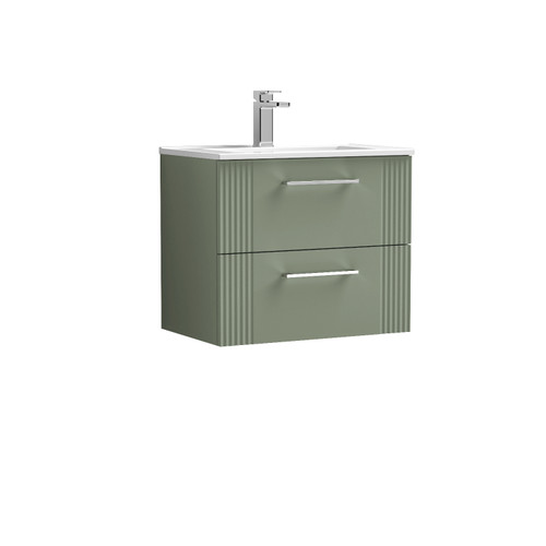 Nuie Deco Satin Green 600mm Wall Hung 2 Drawer Vanity Unit with 18mm Profile Basin - DPF893B Front View