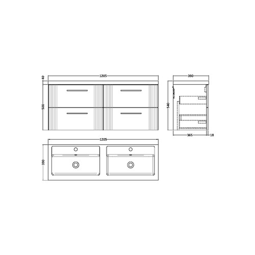 Nuie Deco Satin Green 1200mm Wall Hung 4 Drawer Vanity Unit with Double Basin - DPF893C Dimensions