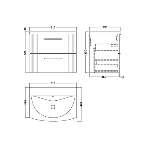 Nuie Deco Satin Green 600mm Wall Hung 2 Drawer Vanity Unit with 30mm Curved Profile Basin - DPF893G Dimensions