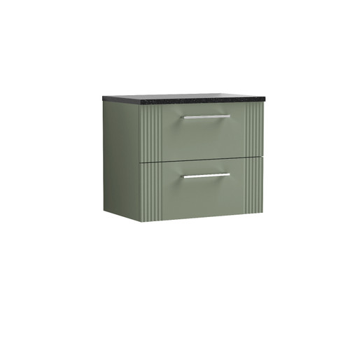 Nuie Deco Satin Green 600mm Wall Hung 2 Drawer Vanity Unit with Sparkling Black Laminate Worktop - DPF893LSB Front View Nuie Deco Satin Green 600mm Wall Hung 2 Drawer Vanity Unit with Sparkling Black Laminate Worktop - DPF893LSB Front View