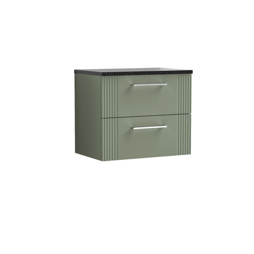 Nuie Deco Satin Green 600mm Wall Hung 2 Drawer Vanity Unit with Sparkling Black Laminate Worktop - DPF893LSB Front View