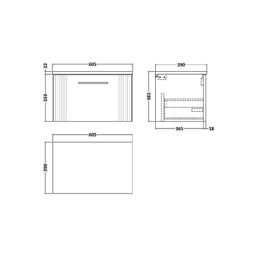 Nuie Deco Satin Green 600mm Wall Hung Single Drawer Vanity Unit with Sparkling White Laminate Worktop - DPF894LSW Dimensions