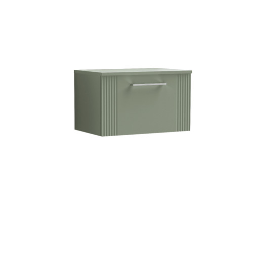 Nuie Deco Satin Green 600mm Wall Hung Single Drawer Vanity Unit with Worktop - DPF894W Front View
