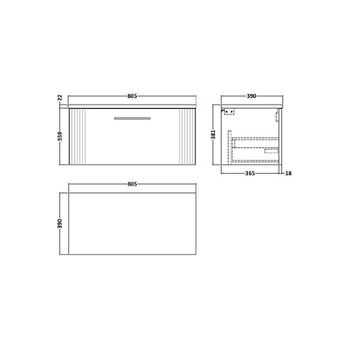 Nuie Deco Satin Green 800mm Wall Hung Single Drawer Vanity Unit with Bellato Grey Laminate Worktop - DPF896LBG Dimensions