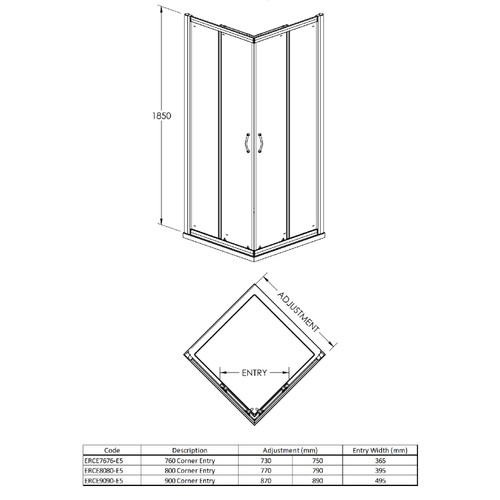 Nuie Ella 760mm Corner Entry Shower Enclosure and Square Satin Chrome Handle - ERCE7676H5 Dimensions