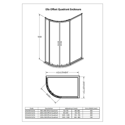 Nuie Ella 1000mm x 800mm Offset Quadrant Shower Enclosure - ERQ108 Dimensions