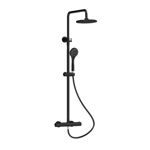 Nuie Matt Black Thermostatic Shower Bar Valve and Rigid Riser Shower Kit with Round Head - JTY475 Front View