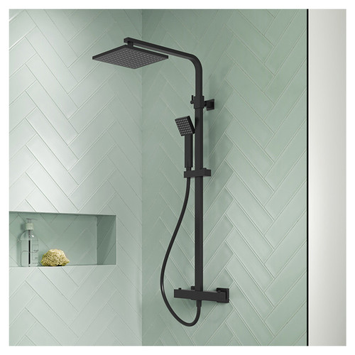 Nuie Matt Black Thermostatic Shower Bar Valve and Rigid Riser Shower Kit with Square Head- JTY486 Viewed from a Different Angle