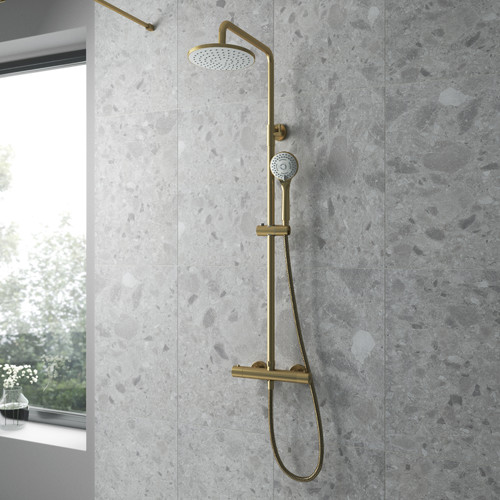 Nuie Brushed Brass Thermostatic Shower Bar Valve and Rigid Riser Shower Kit with Round Head - JTY875 Alternative View