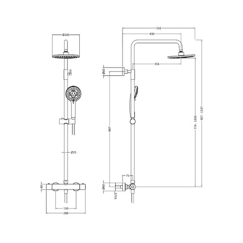 Nuie Brushed Brass Thermostatic Shower Bar Valve and Rigid Riser Shower Kit with Round Head - JTY875 Dimensions