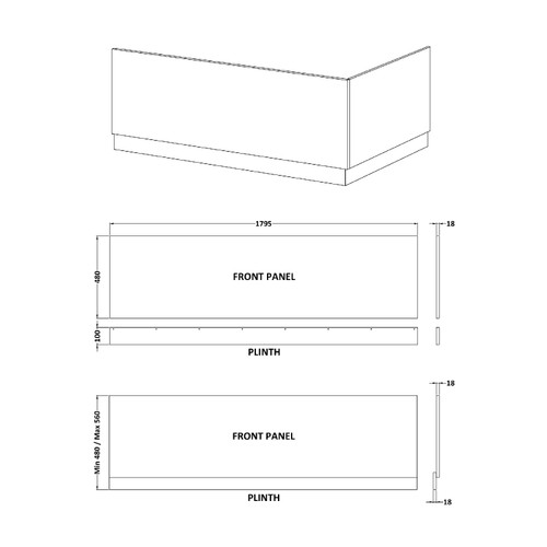 Nuie Athena Anthracite 1800mm Front Bath Panel - MPD507N Dimensions